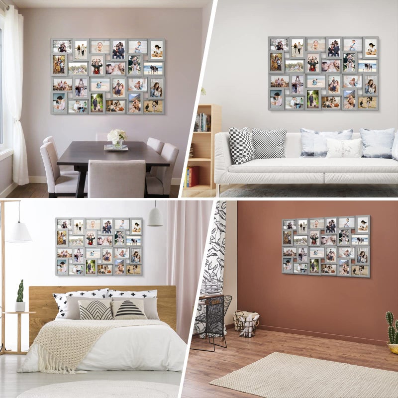 J.M.Deco Collage Picture Frames for Wall 24 Slots, Reunion Friends Family Memory Large Photo Frame Selfie Gallery Puzzle Collage Wall Hanging for 4x6 Photo | Grey - Image 4